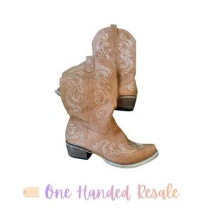 👢Rollda Women's Tan Western Embroidered Mid-Heel Boots 9